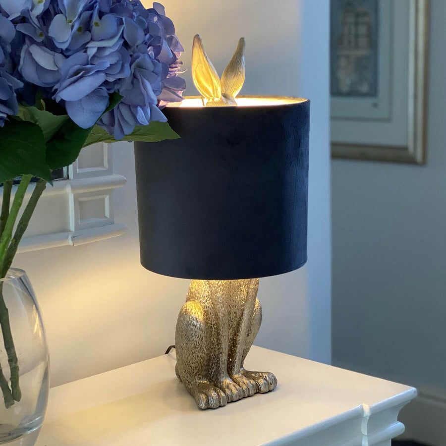 Silver Hare Table Lamp with grey velvet shade, handcrafted resin sculpture, sophisticated silver finish by Sostter at brixbailey.com