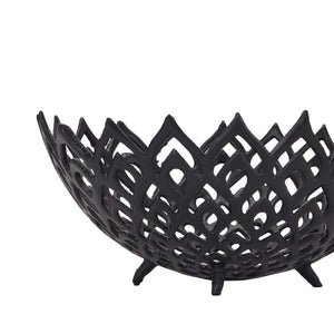 Black perforated steel lattice bowl casting intricate light patterns, modern matte home decor centerpiece by RoomLondon at brixbailey.com