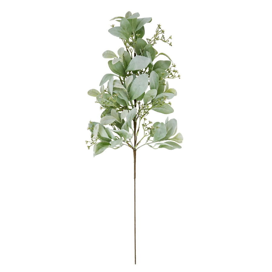 Large winter sprig with lambs ear and wax flower accents, soft green lifelike plastic foliage for home decor by Sostter at brixbailey.com