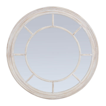 Handcrafted driftwood-style round mirror with weathered patina, 90cm diameter, warm brown wood frame for coastal decor. by Sostter at brixbailey.com