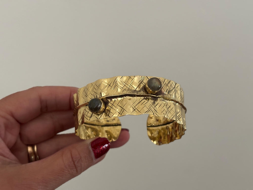 Textured Gold Cuff Bracelet with Gemstone Accents – Handcrafted Adjustable Wrap Design.