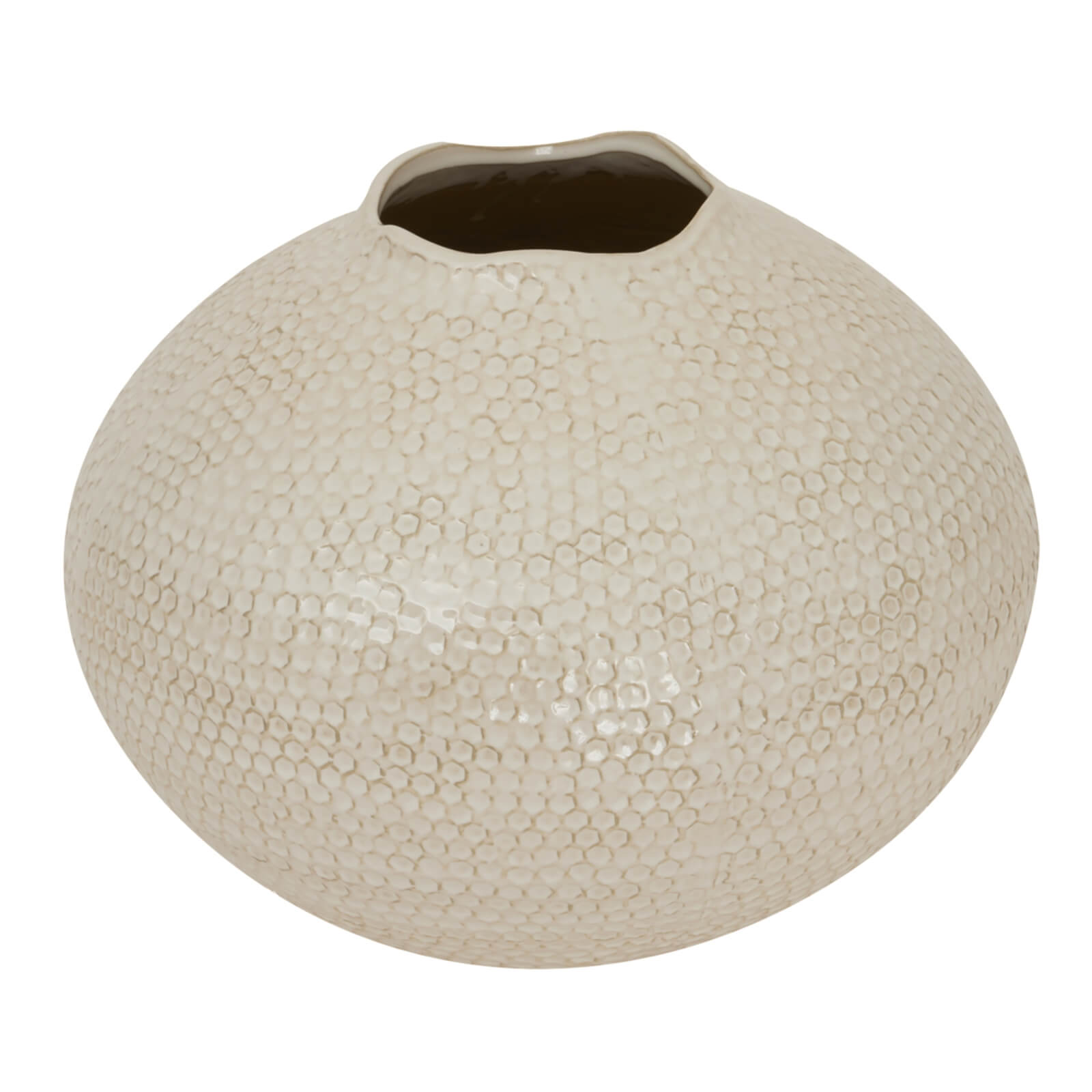 Zaffera white ceramic caldron vase with artisanal mottled texture, 37cm wide, for modern or traditional decor by Sostter at brixbailey.com