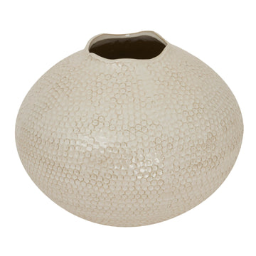 Zaffera white ceramic caldron vase with artisanal mottled texture, 37cm wide, for modern or traditional decor by Sostter at brixbailey.com