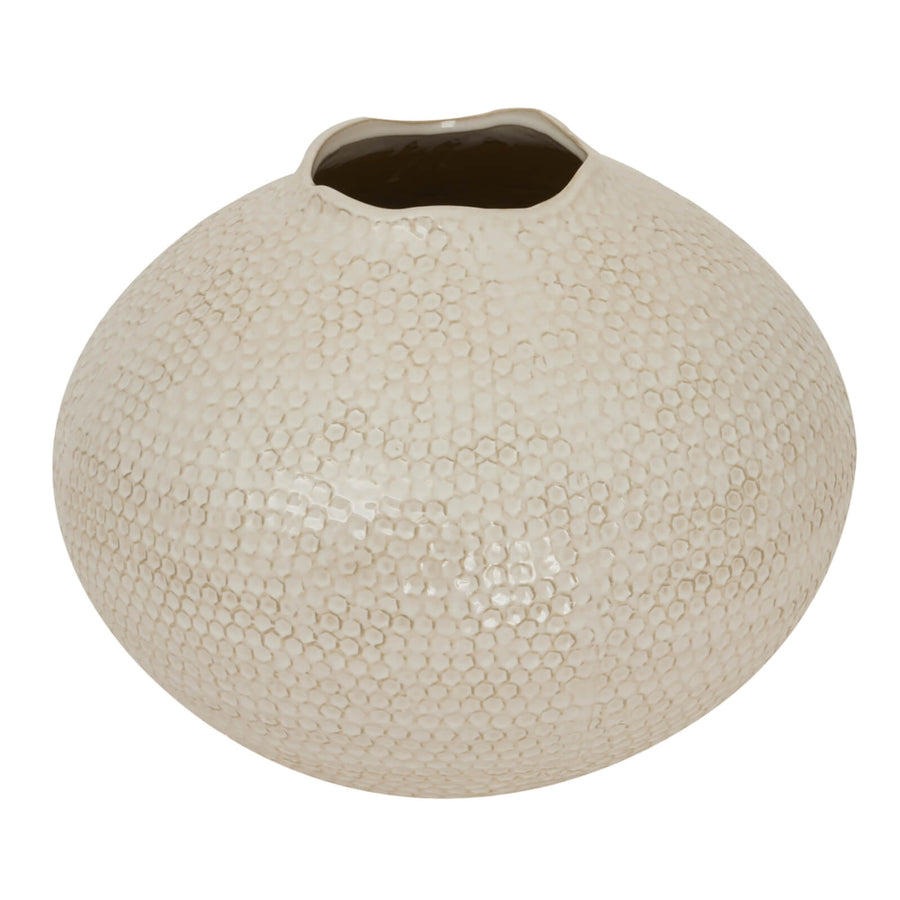 Zaffera white ceramic caldron vase with artisanal mottled texture, 37cm wide, for modern or traditional decor by Sostter at brixbailey.com