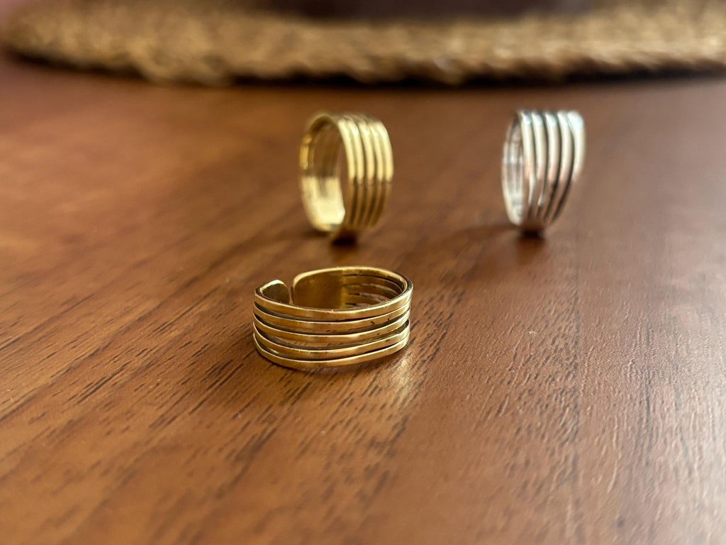 Textured Brass Wrap Ring Duo – Gold/Silver Adjustable Boho Statement Rings.