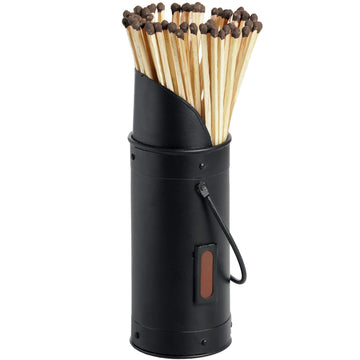 Matte black wooden matchstick holder for fireplace, holds 60 matches, minimalist design (24cm tall) by Sostter at brixbailey.com