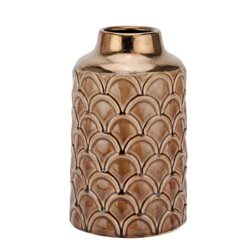 Handcrafted caramel ceramic vase with scalloped edges and organic texture, 28cm tall, for modern home decor. by Sostter at brixbailey.com