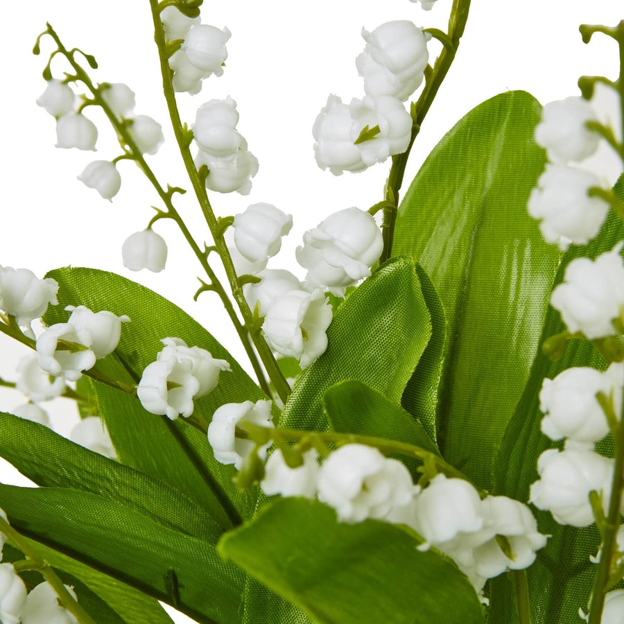 Lifelike white Lily of the Valley artificial flowers with green foliage in a 32cm arrangement for home decor by Sostter at brixbailey.com
