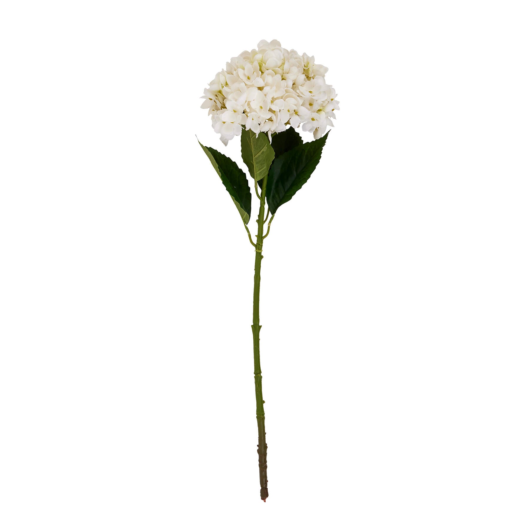 White artificial hydrangea stem with realistic clustered florets and green stem, 58 cm tall, pristine white color by Sostter at brixbailey.com