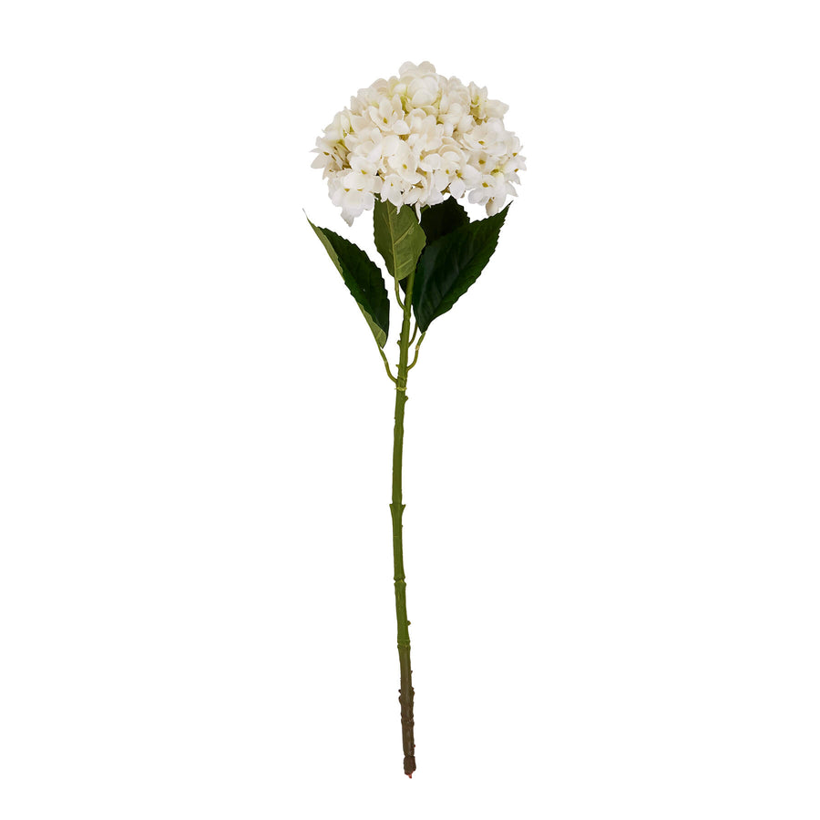 White artificial hydrangea stem with realistic clustered florets and green stem, 58 cm tall, pristine white color by Sostter at brixbailey.com