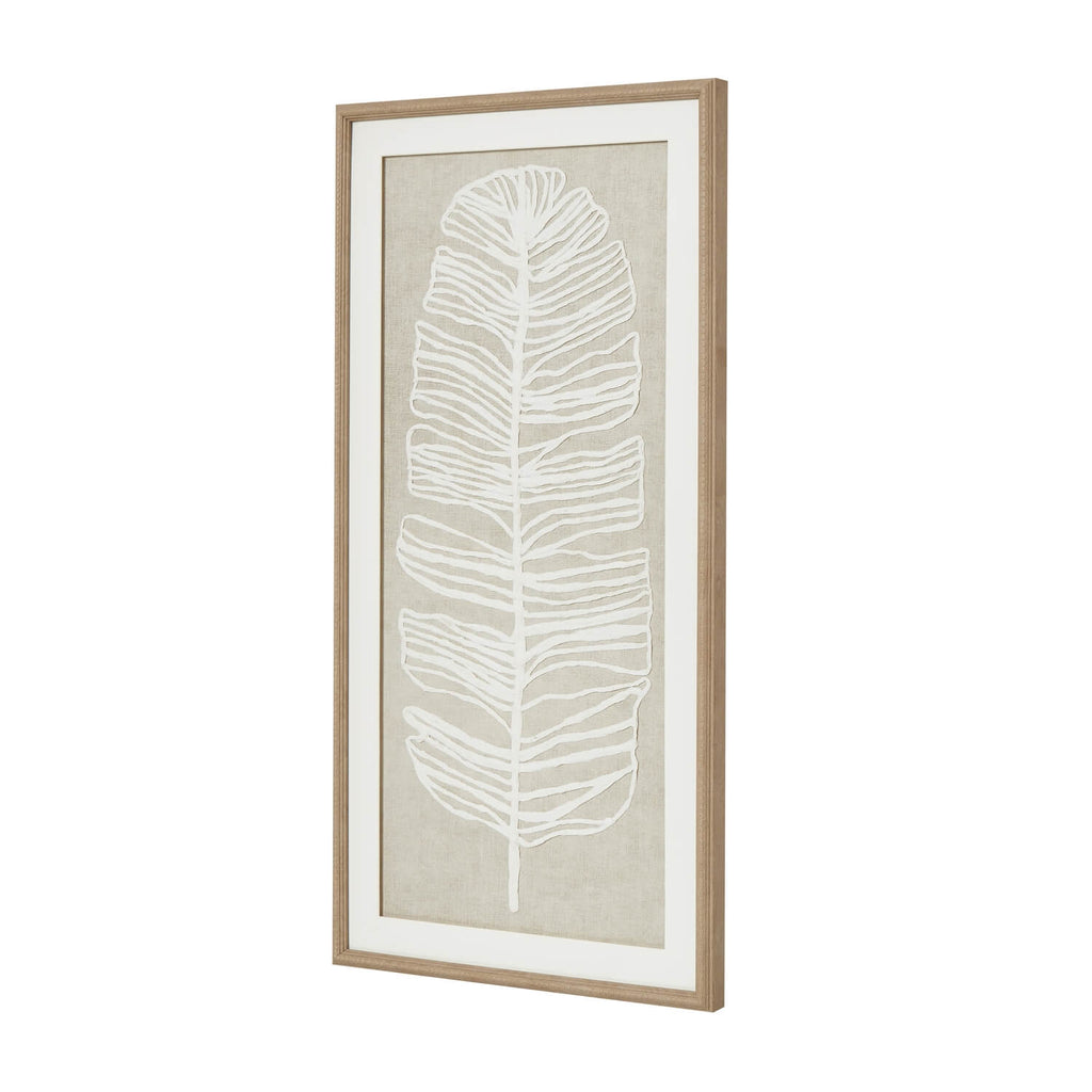 White feather wall art in beaded earthy brown frame, 80cm x 40cm, for coastal or boho decor by RoomLondon at brixbailey.com