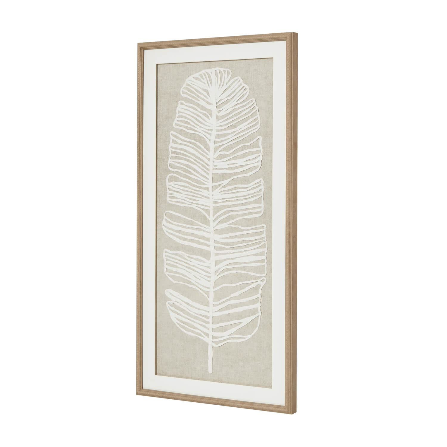 White feather wall art in beaded earthy brown frame, 80cm x 40cm, for coastal or boho decor by RoomLondon at brixbailey.com
