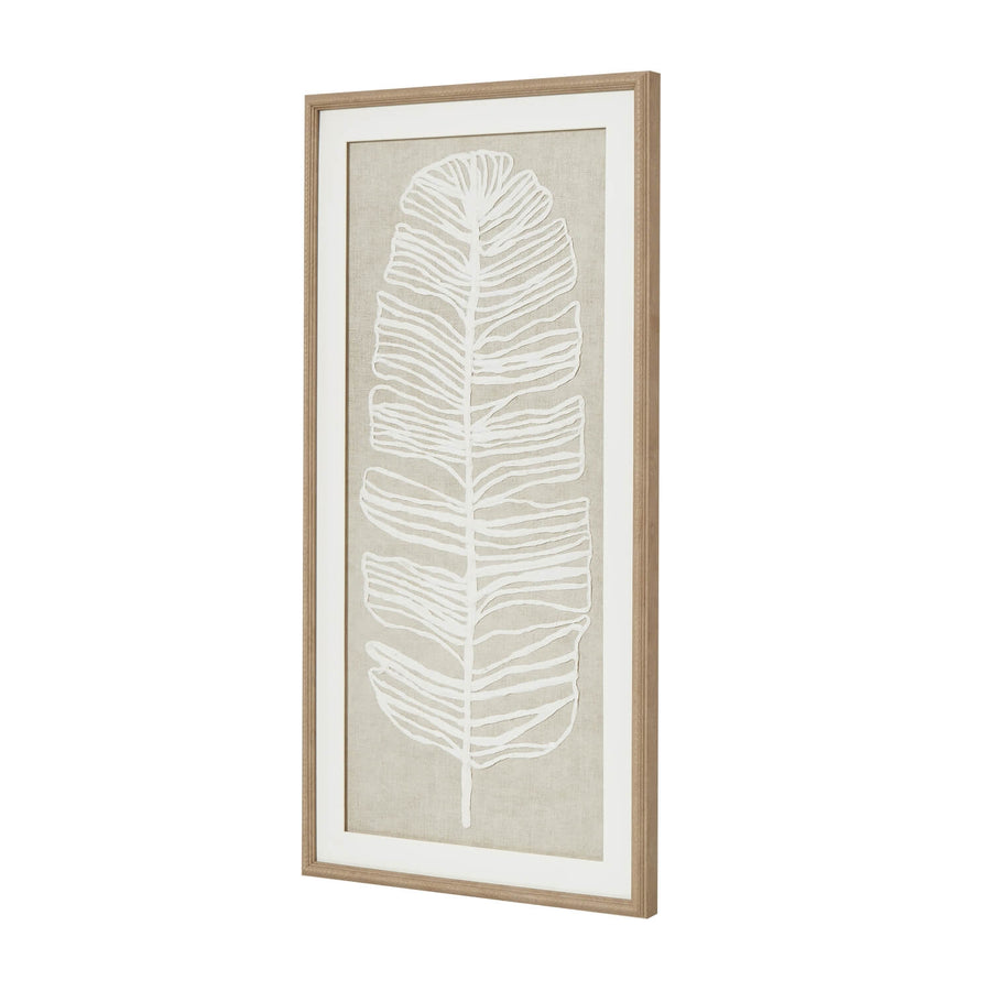 White feather wall art in beaded earthy brown frame, 80cm x 40cm, for coastal or boho decor by Sostter at brixbailey.com