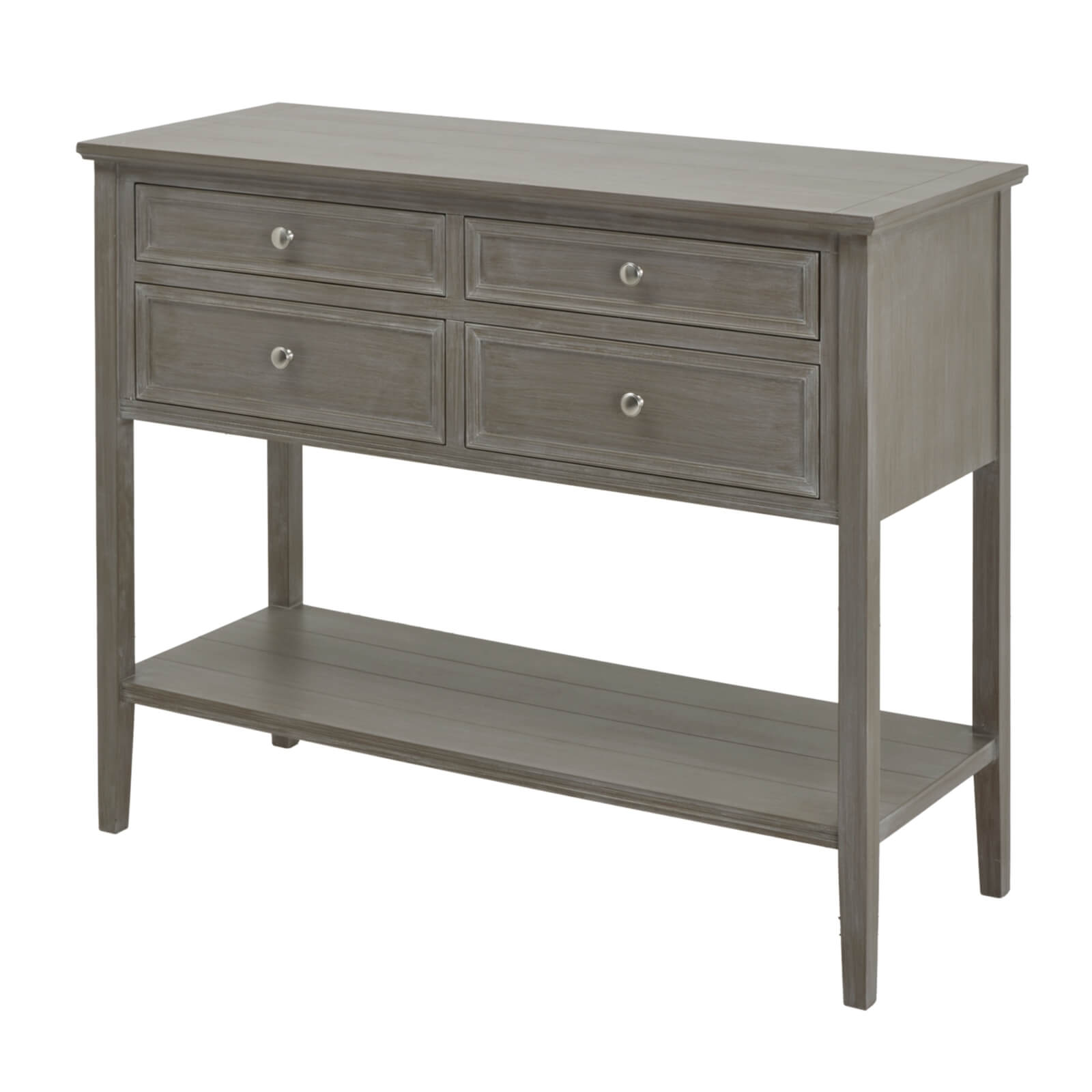 Grey solid wood Serene Console with four smooth-gliding drawers, modern yet timeless design for living rooms or entryways. by Sostter at brixbailey.com