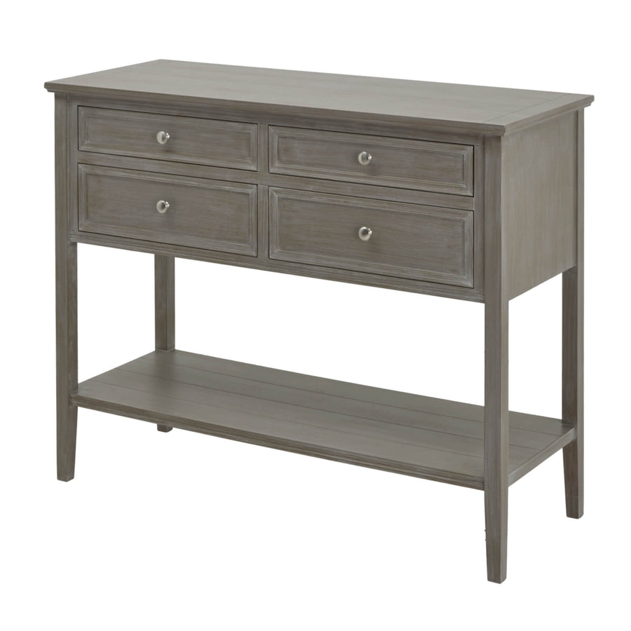 Grey solid wood Serene Console with four smooth-gliding drawers, modern yet timeless design for living rooms or entryways. by Sostter at brixbailey.com