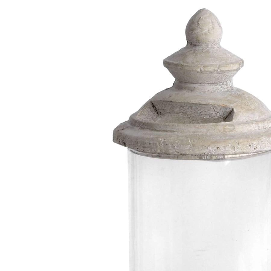White stone hurricane lantern candle holder with cylindrical glass design for home decor ambiance  by Sostter at brixbailey.com