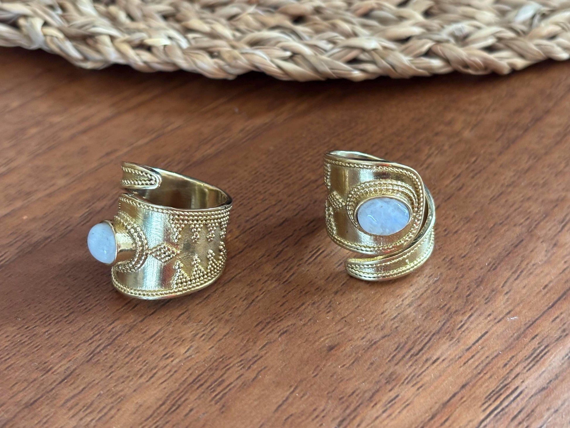 Handcrafted Brass Adjustable Rings with Moonstone – Ethnic Boho Design.