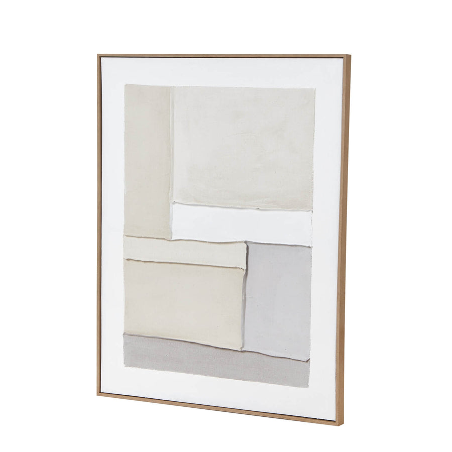 Abstract geometric canvas art in cream, white, and grey tones with champagne wood frame for modern interiors (124 chars) by Sostter at brixbailey.com