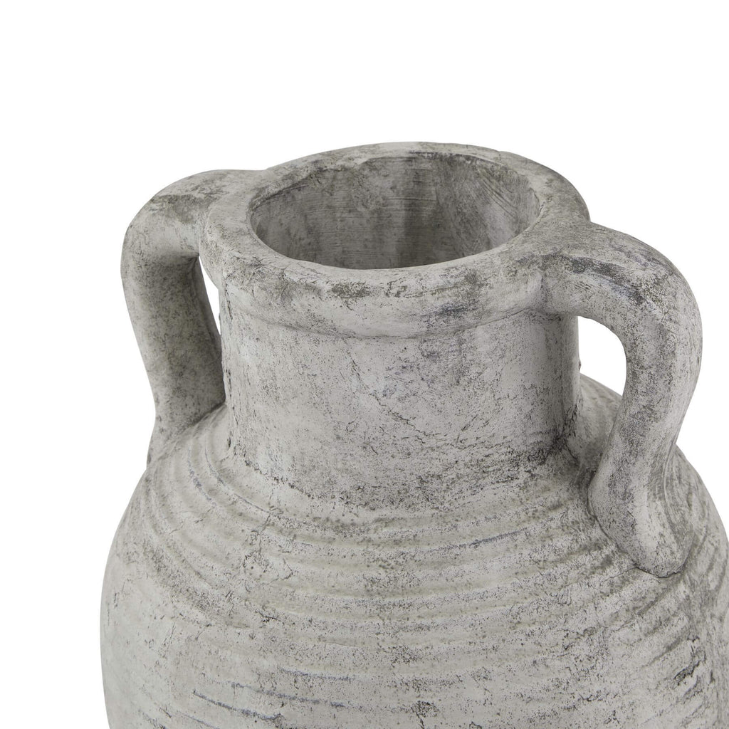 Handcrafted white ceramic Athena amphora pot with gray patina, twin handles, and textured stone-effect finish for home decor by Sostter at brixbailey.com