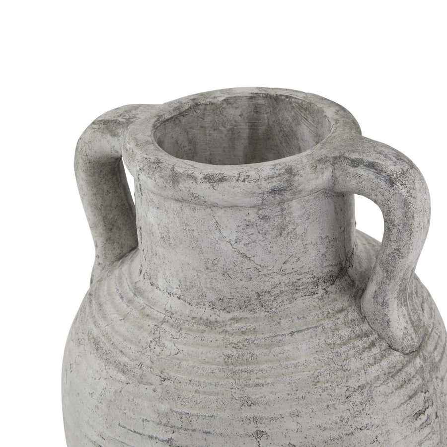 Handcrafted white ceramic Athena amphora pot with gray patina, twin handles, and textured stone-effect finish for home decor by Sostter at brixbailey.com
