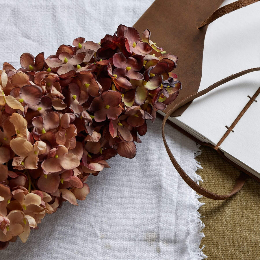 Lifelike burgundy plastic hydrangea arrangement, 88cm tall, perfect for elegant home decor (124 chars) by Sostter at brixbailey.com
