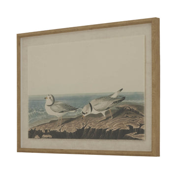 Handcrafted linen wall art with shorebird design, earthy brown tones, and ornate beaded border for coastal-inspired decor. by Sostter at brixbailey.com