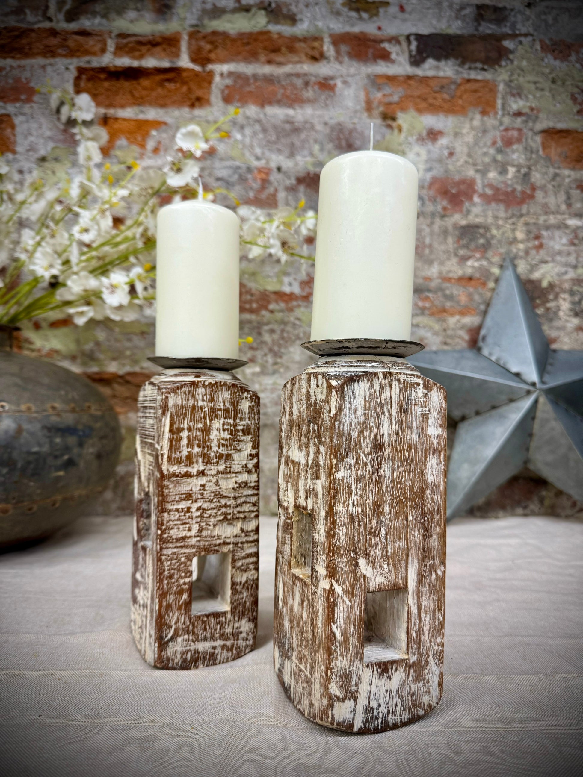 Pair Of Rustic Wooden Candle Holders / Large Church Candle Candlesticks /D