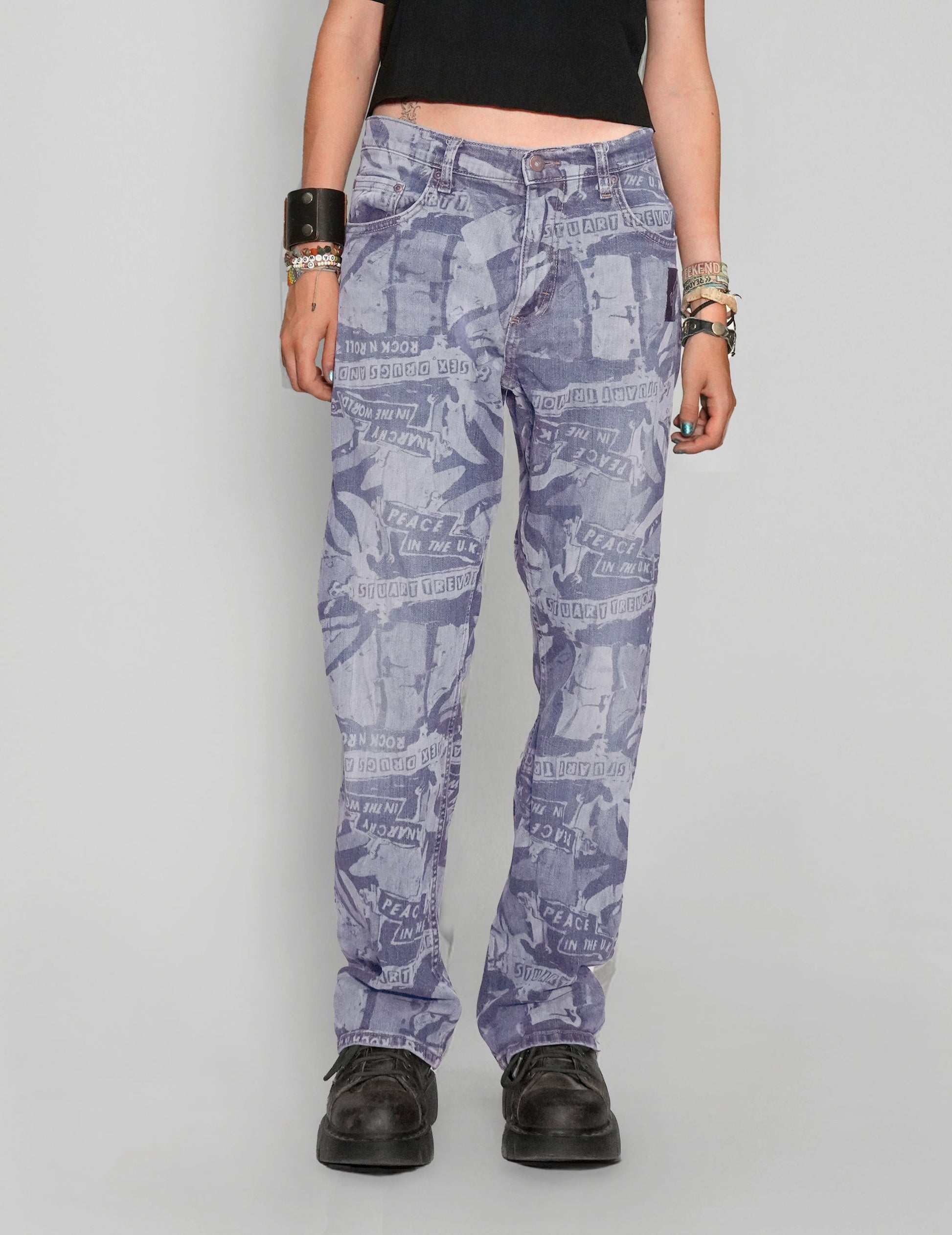 'Peace' Laser Print Jeans in Light Blue
