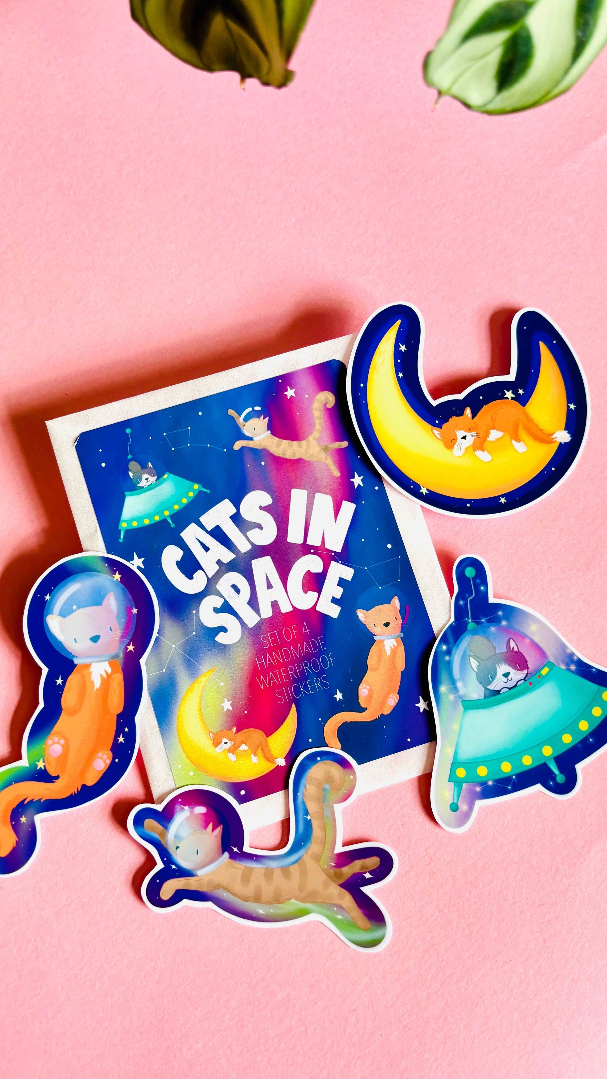 Space Cats Sticker Set- Handmade Set of 4 Waterproof Vinyl Stickers