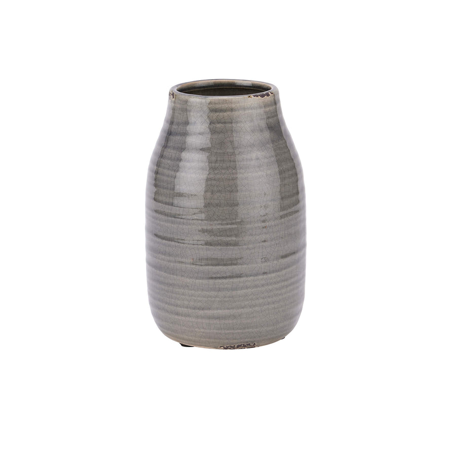 Handcrafted grey ceramic vase with crackle-glazed finish and distressed details, perfect for modern or traditional decor. by Sostter at brixbailey.com