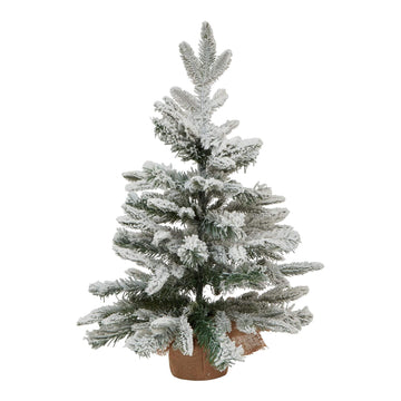 Medium snowy spruce tree with frosted branches and rustic burlap base, perfect for winter decor and Christmas displays by Sostter at brixbailey.com