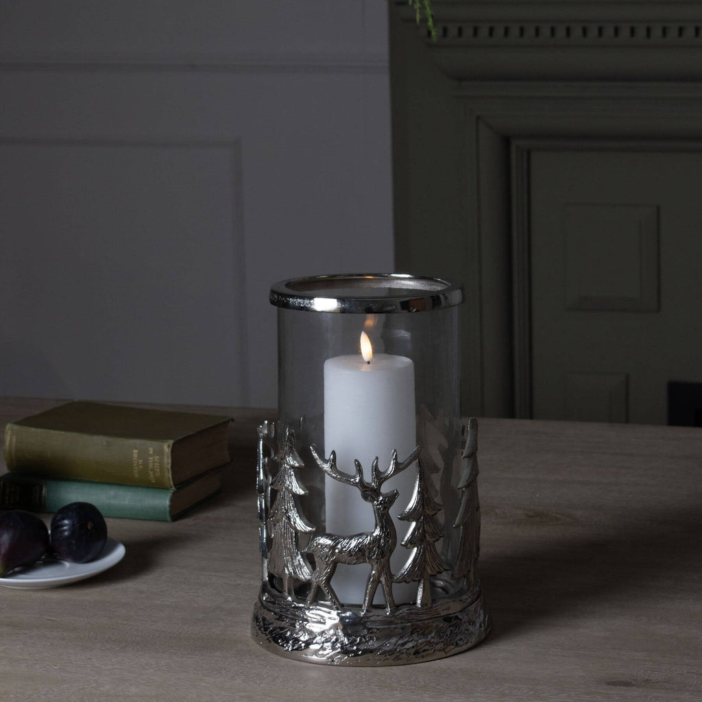 Silver stag hurricane lantern with frosted glass, intricate woodland metalwork in elegant silver finish by Sostter at brixbailey.com