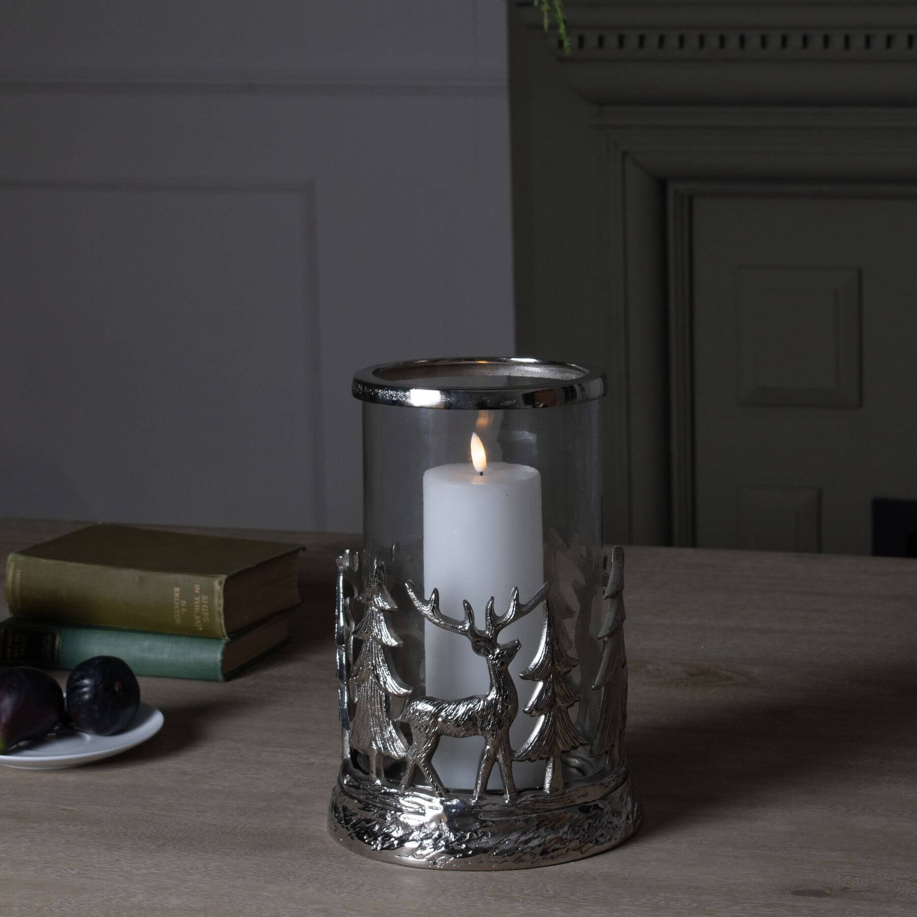 Silver stag hurricane lantern with frosted glass, intricate woodland metalwork in elegant silver finish by Sostter at brixbailey.com