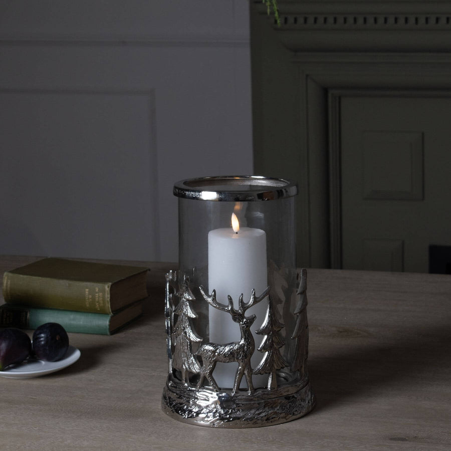 Silver stag hurricane lantern with frosted glass, intricate woodland metalwork in elegant silver finish by Sostter at brixbailey.com