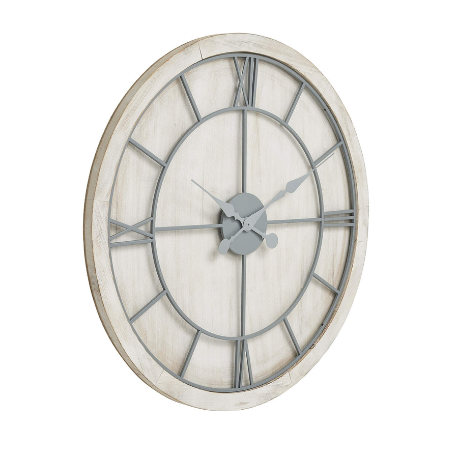 Large white wall clock with roman numerals, whitewashed wood surround, and grey metal accents, silent quartz movement. by Sostter at brixbailey.com