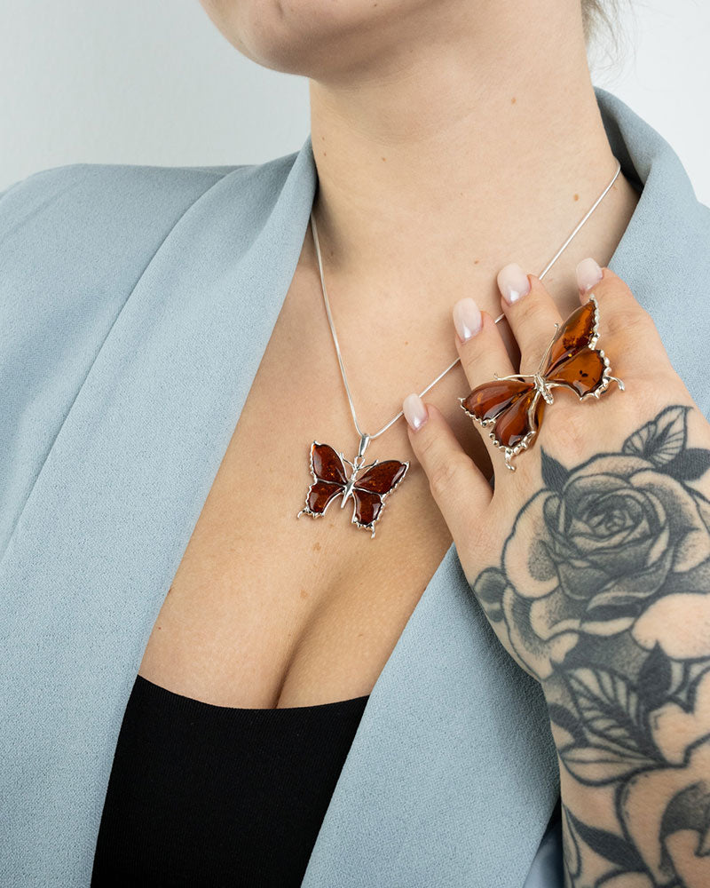 Statement Butterfly Pendant Necklace in Amber