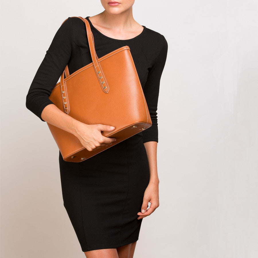 Brown Leather Shoulder Bag with Metallic Studs