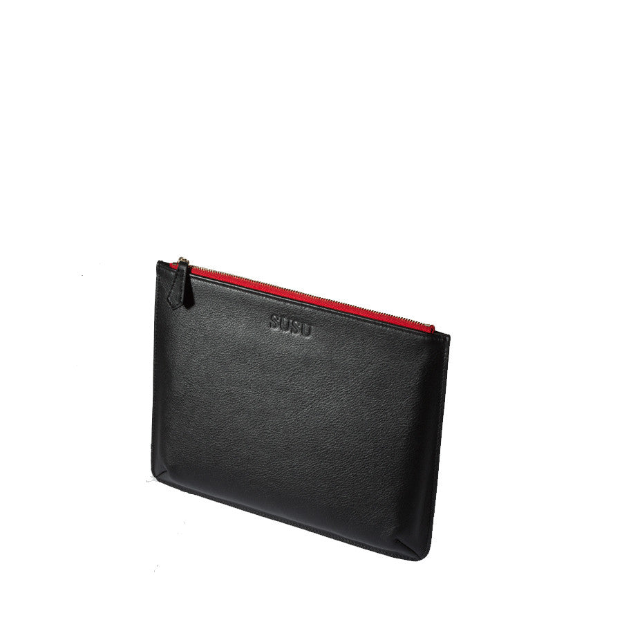 Black Leather iPad Clutch with Red Zipper
