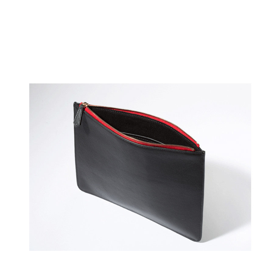 Black Leather iPad Clutch with Red Zipper