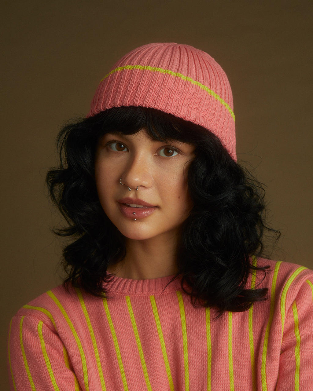 Ribbed Wool & Cashmere Beanie Pink & Yellow