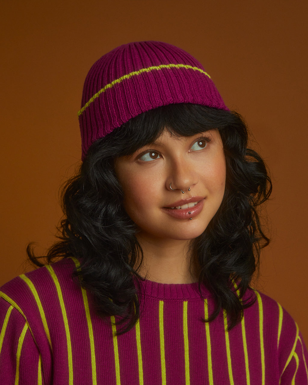 Ribbed Wool & Cashmere Beanie Purple & Yellow
