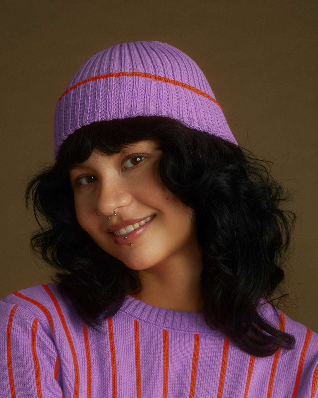 Ribbed Wool & Cashmere Beanie Lilac & Orange