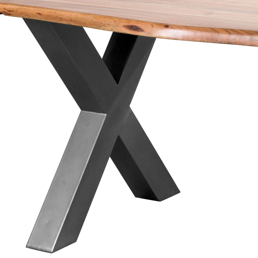 Handcrafted acacia wood dining table with live edges and metal cross-frame base, seats 8, natural brown with grey accents. by Sostter at brixbailey.com