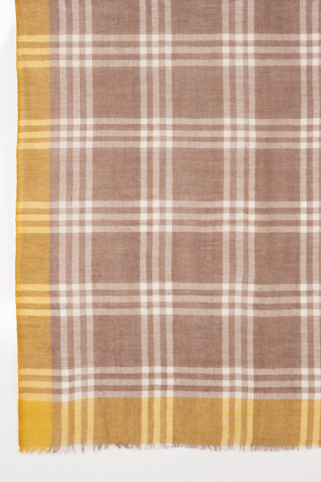 Yarn Dyed Windowpane Checks Twill Weave Merino Wool Scarf - Beige Ochre