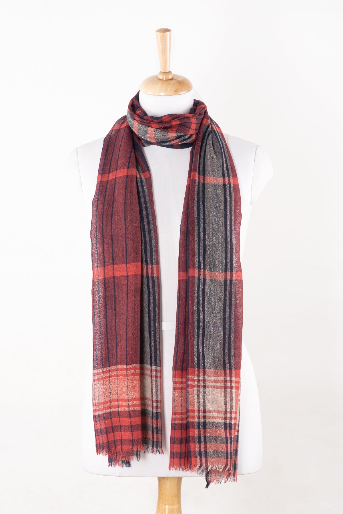 Yarn Dyed Checks and Stripes Merino Wool Scarf - Fuchsia Pink Navy
