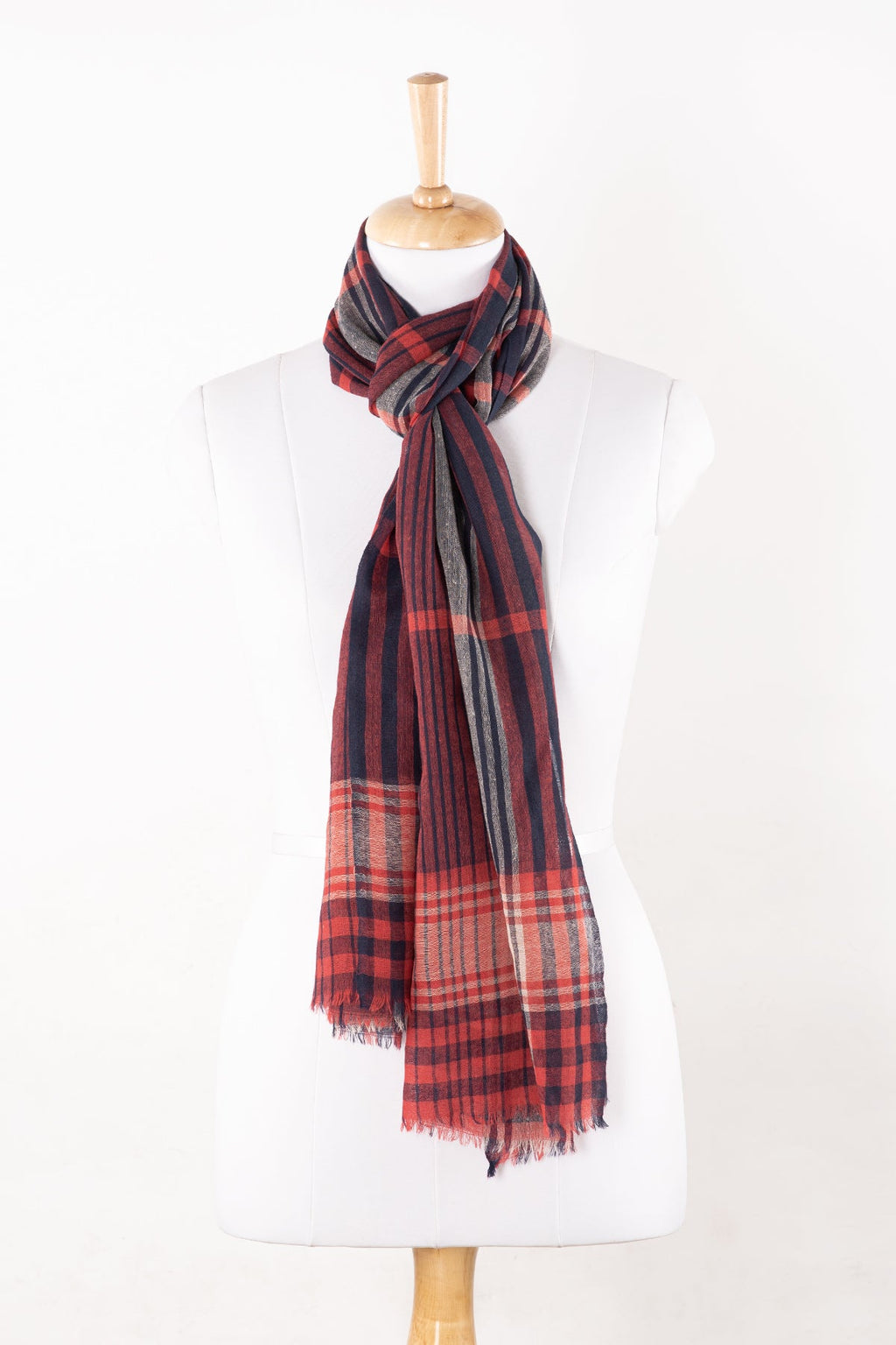 Yarn Dyed Checks and Stripes Merino Wool Scarf - Fuchsia Pink Navy