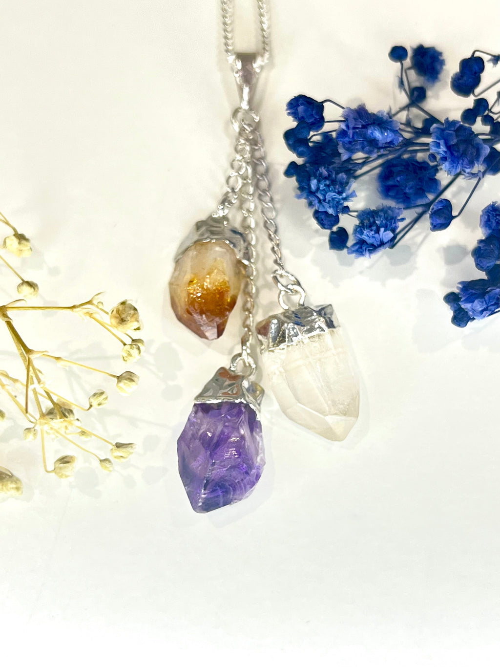 Triple Crystal Pendant Necklace with Amethyst Citrine and Quartz on Silver Chain