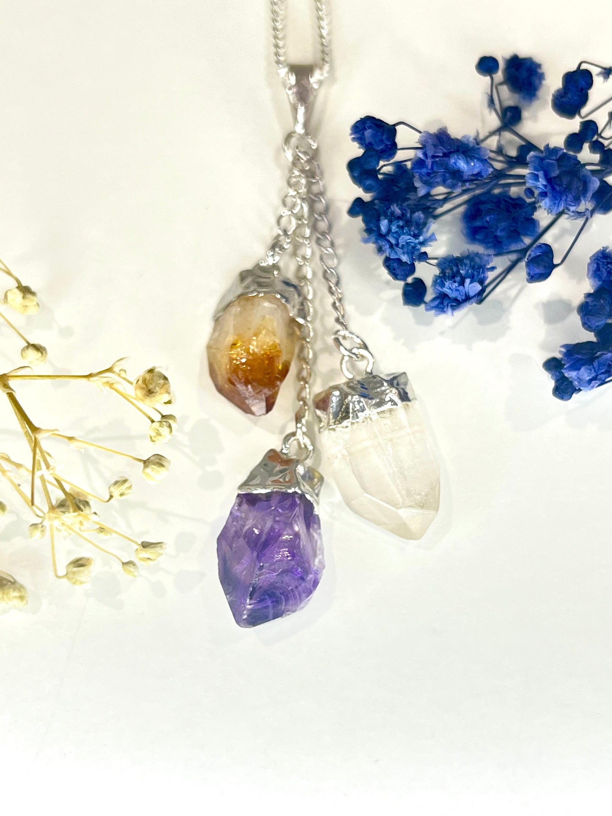 Triple Crystal Pendant Necklace with Amethyst Citrine and Quartz on Silver Chain