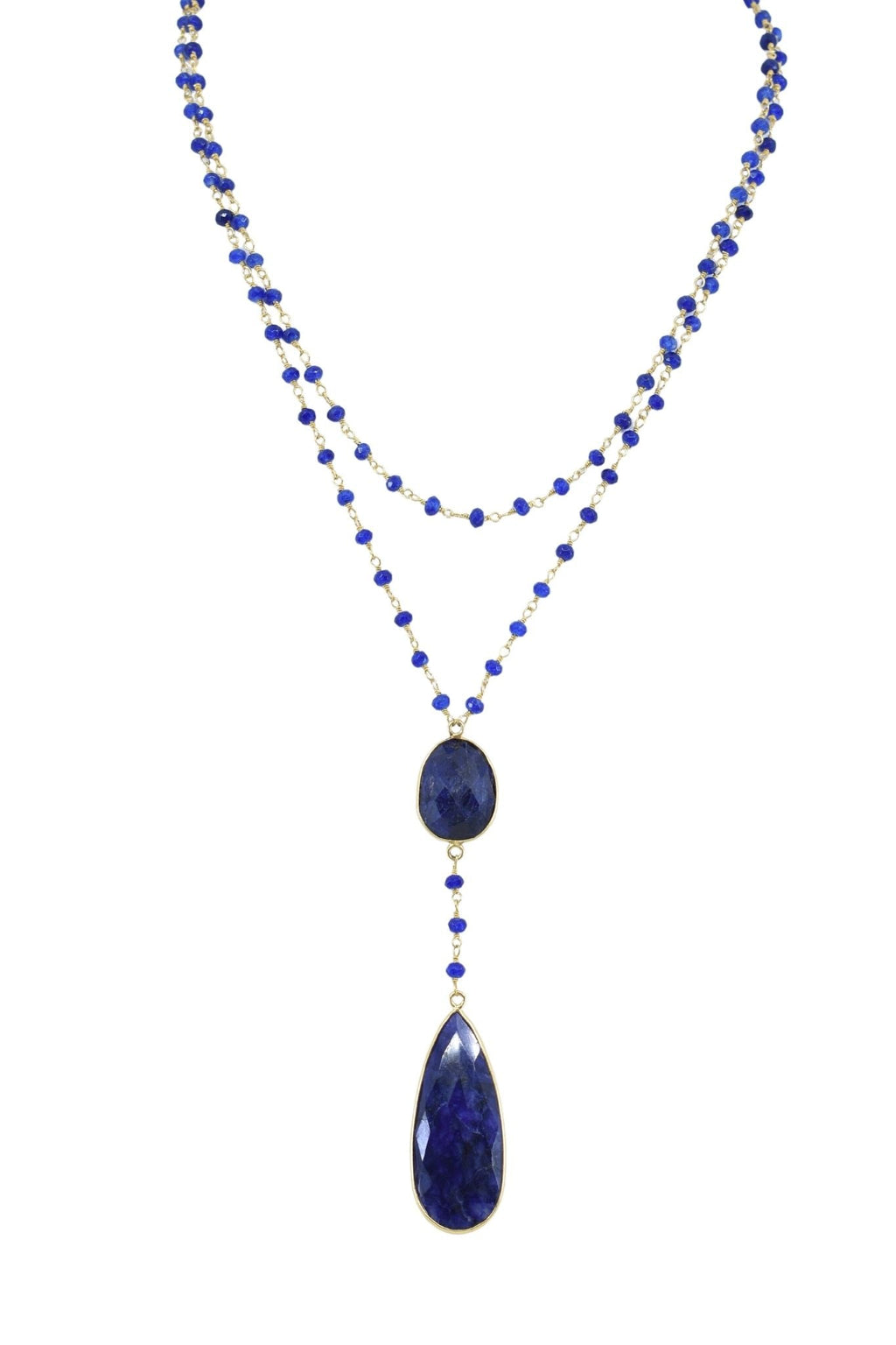 Double Sapphire Beaded Necklace with Teardrop Drop