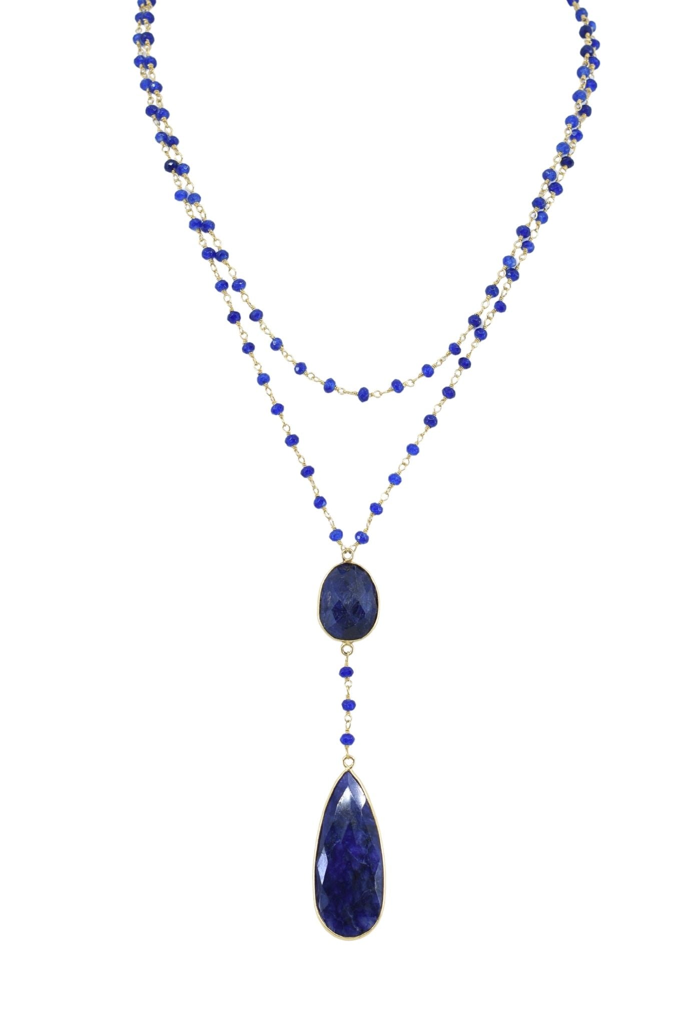 Double Sapphire Beaded Necklace with Teardrop Drop